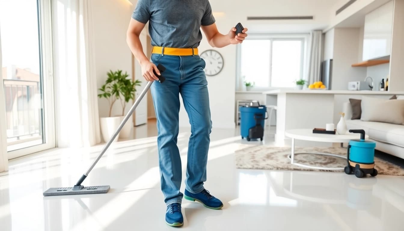 Bond cleaning Logan service showcasing a professional cleaner in an immaculate apartment environment.