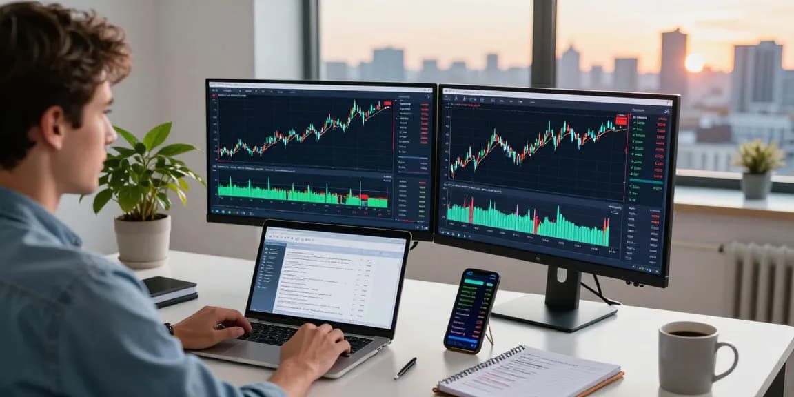 Forex trader using MetaTrader 4 in modern home office with charts and city skyline.