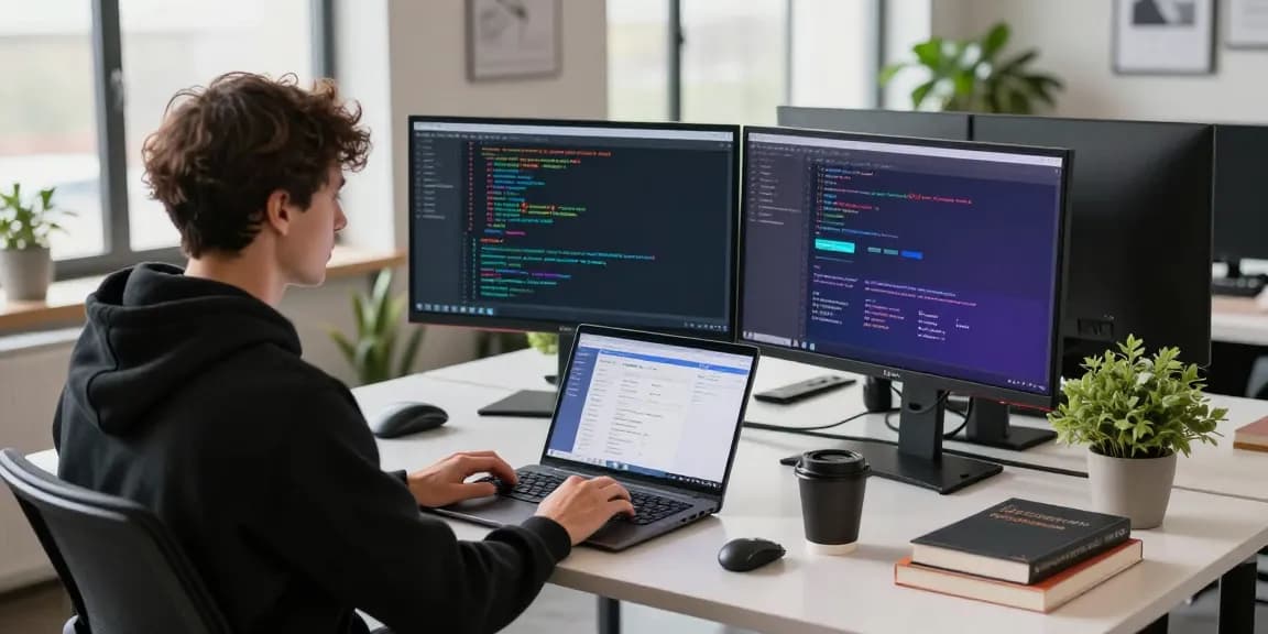 Developer using acrossprotocol in a modern office with dual monitors displaying cross-chain transactions.
