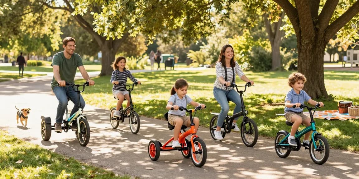 The best electric tricycles in use as a diverse family enjoys a sunny day at the park.