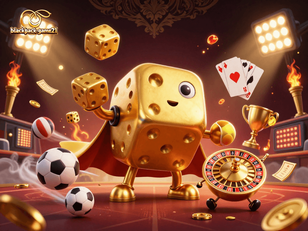 Experience the excitement of blackjack-game21 with a dynamic 3D illustration showcasing vibrant casino themes.