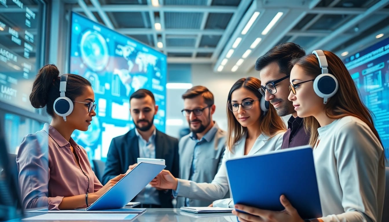 AI agents collaborating in a modern office with digital interfaces and diverse team.