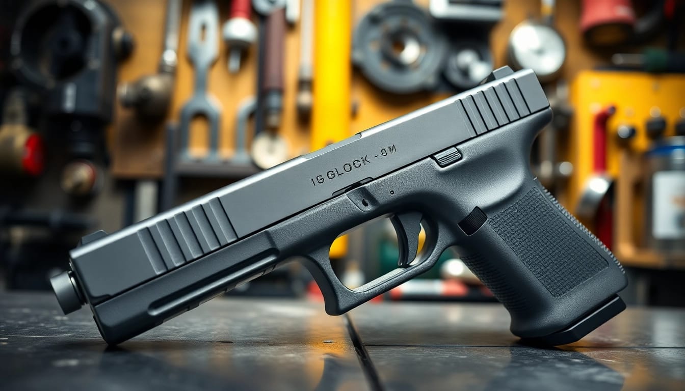 Examine a glock 19 slide oem displaying immaculate detail in a workshop setting.