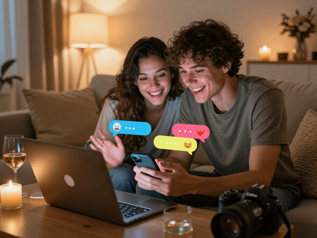 Engaging in sex chat in a cozy setting with romantic elements and lively text conversation.