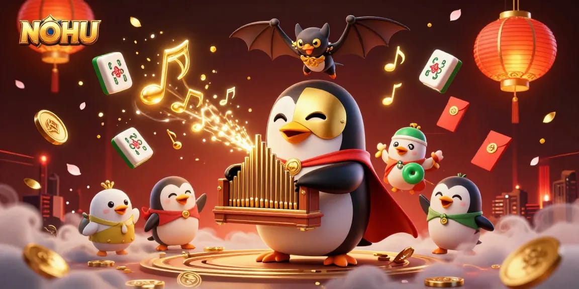 NOHU penguin character plays an organ, shooting coins, surrounded by vibrant gambling elements.