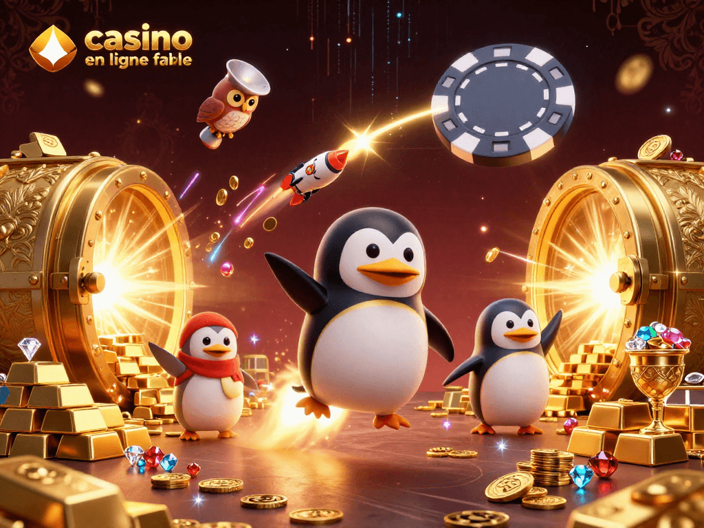 Jouez au casino en ligne fiable avec notre illustration captivante montrant un pingouin doré dans l'espace.