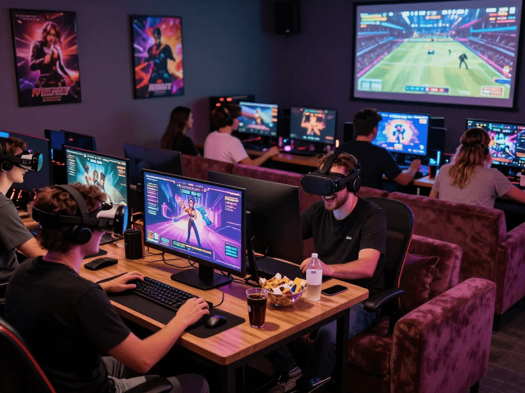 Interactive scene of players enjoying sex games on multiple devices in a vibrant gaming lounge.