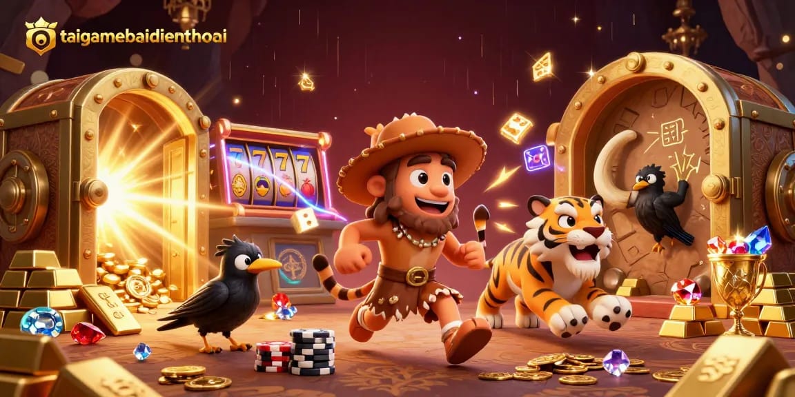 Experience the thrill of the taigamebaidienthoai casino with a vibrant scene featuring cavemen and treasures.