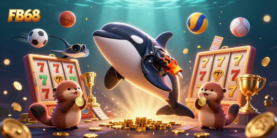 Experience thrilling rewards at FB68 with orca, stingray, and otters in a vibrant casino scene.