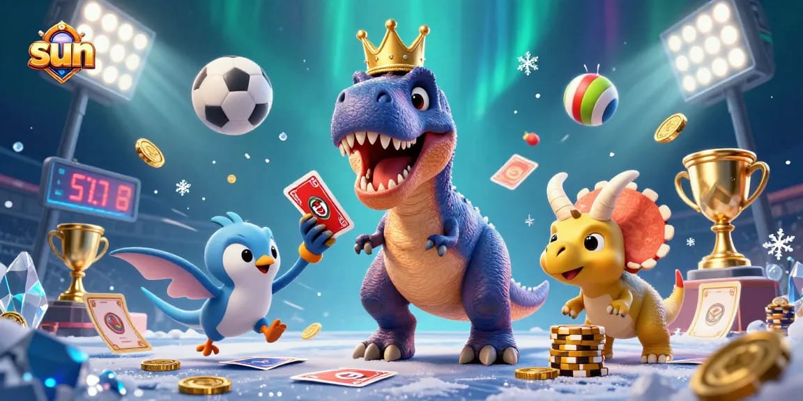 Experience thrilling sun casino fun with a jovial T-Rex shuffling cards and games.