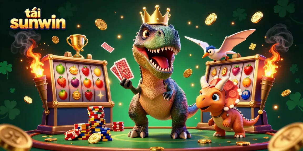 Engage in thrilling gameplay with tải sunwin, featuring a large cartoon T-Rex shuffling cards and friends stacking chips.