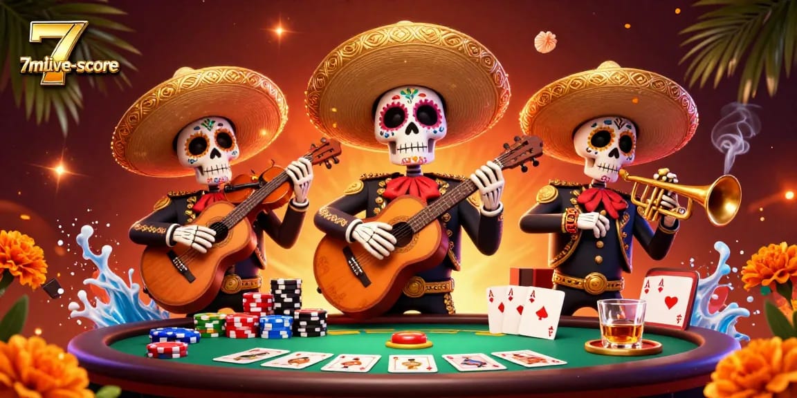 Engage with the thrilling poker scene at 7mlive-score featuring a vibrant mariachi band.