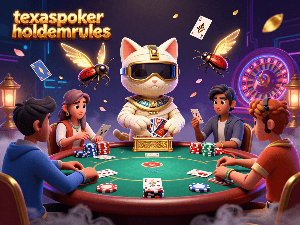Experience intense gameplay strategies with texaspokerholdemrules, featuring a dynamic poker scene with a mummy cat dealer.