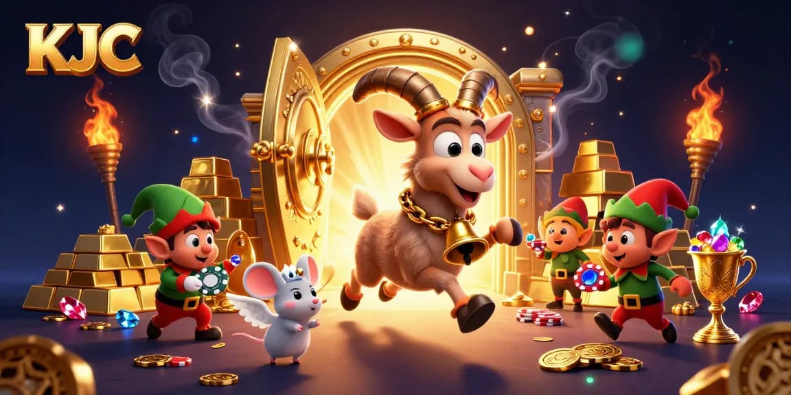 KJC casino scene with Krampus goat managing a festive setting filled with treasures and mischievous characters.