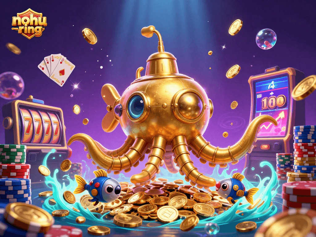 Nohur-ring showcases dynamic jackpot excitement with golden kraken submarine and slot machine reels.