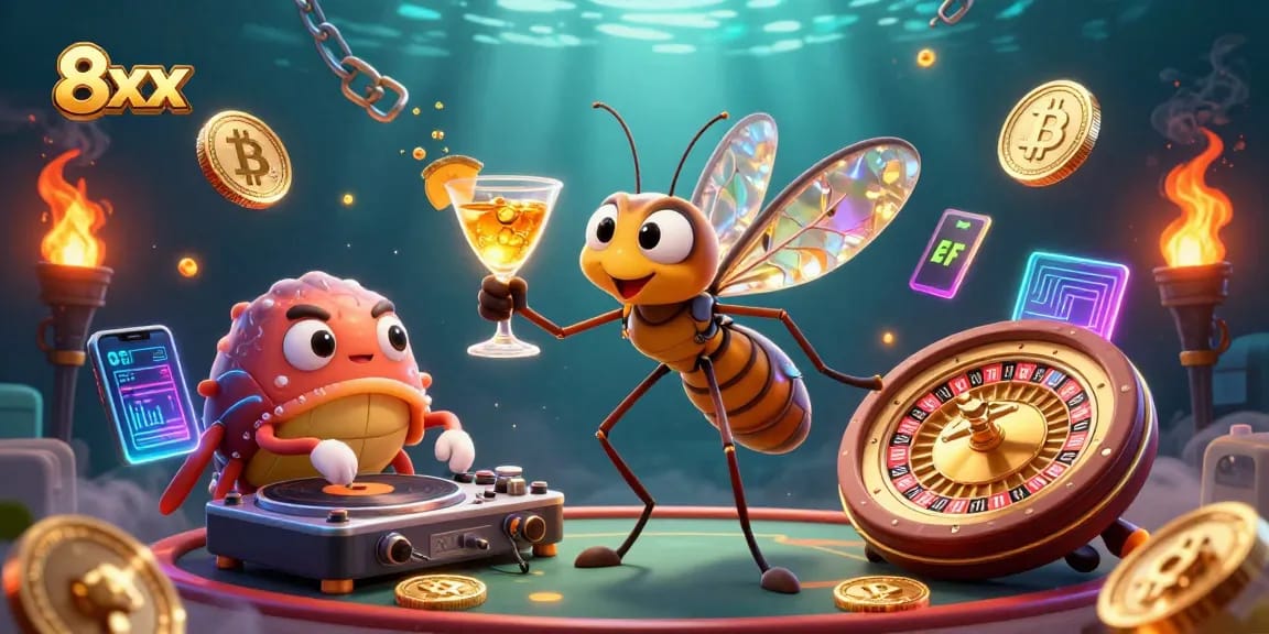 Engage with the 8xx casino experience alongside a unique mascot, DJ, and golden roulette wheel.