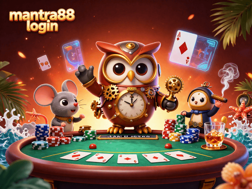 Engage in thrilling games at mantra88 login with this 3D digital casino scene filled with poker elements.