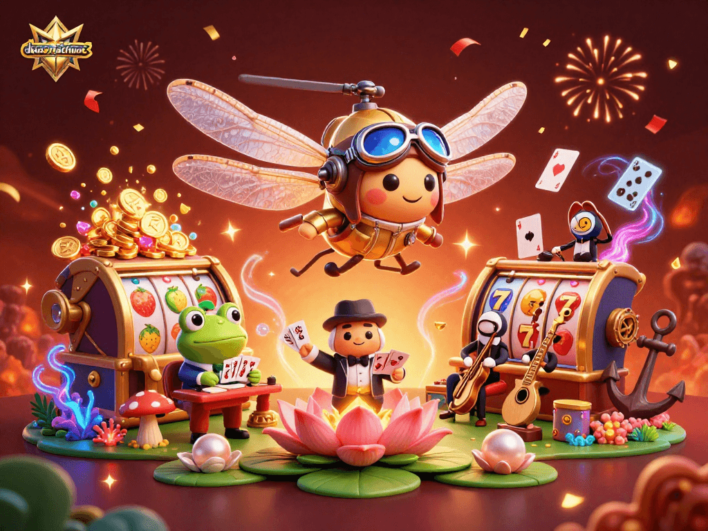 Experience duongmatchuoc in this vibrant 3D image with a dragonfly pilot, frog croupier, and jazz musicians in a lively casino setting.