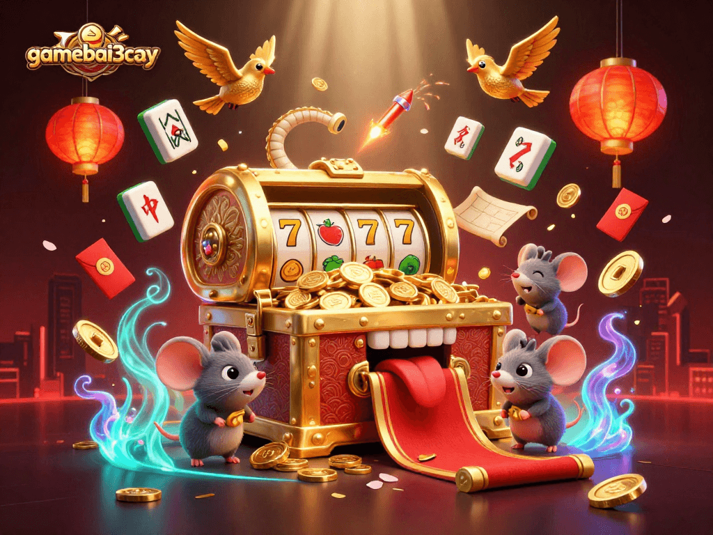 Engage with gamebai3cay's vibrant treasure chest themed illustration, showcasing slot elements and rich casino symbolism.