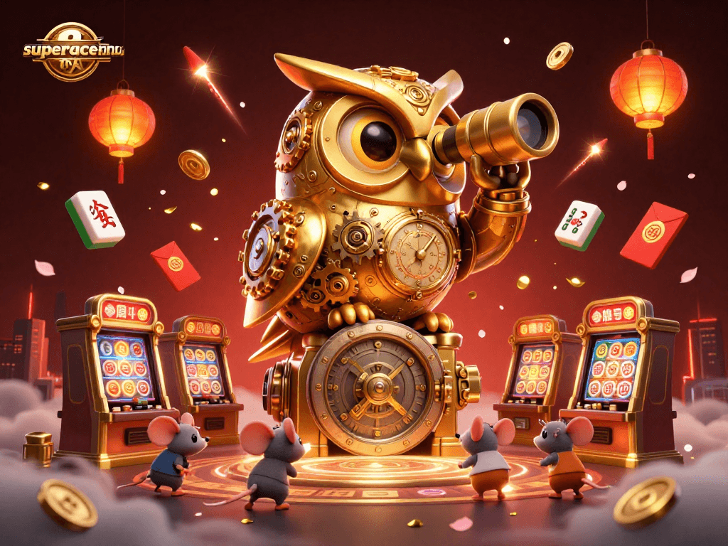 Experience thrills in superace-nohu with golden owl and lively mouse patrons amidst vibrant casino elements.