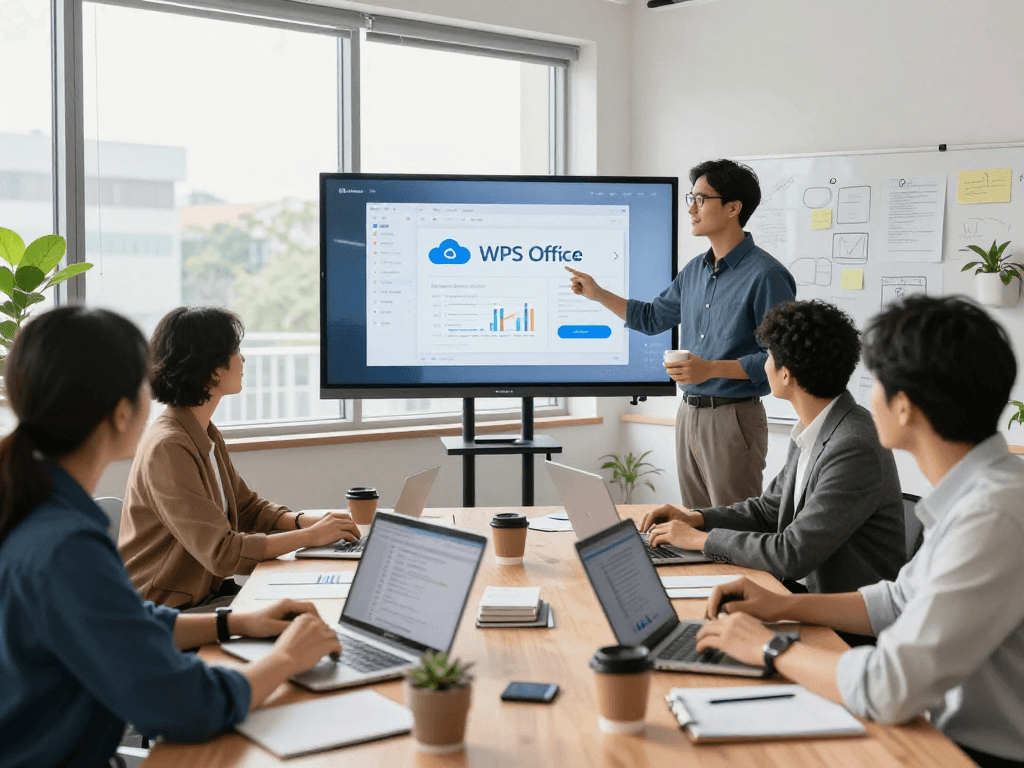 团队在现代办公室环境中高效使用WSP,展示WPS Office的强大功能和协作能力。