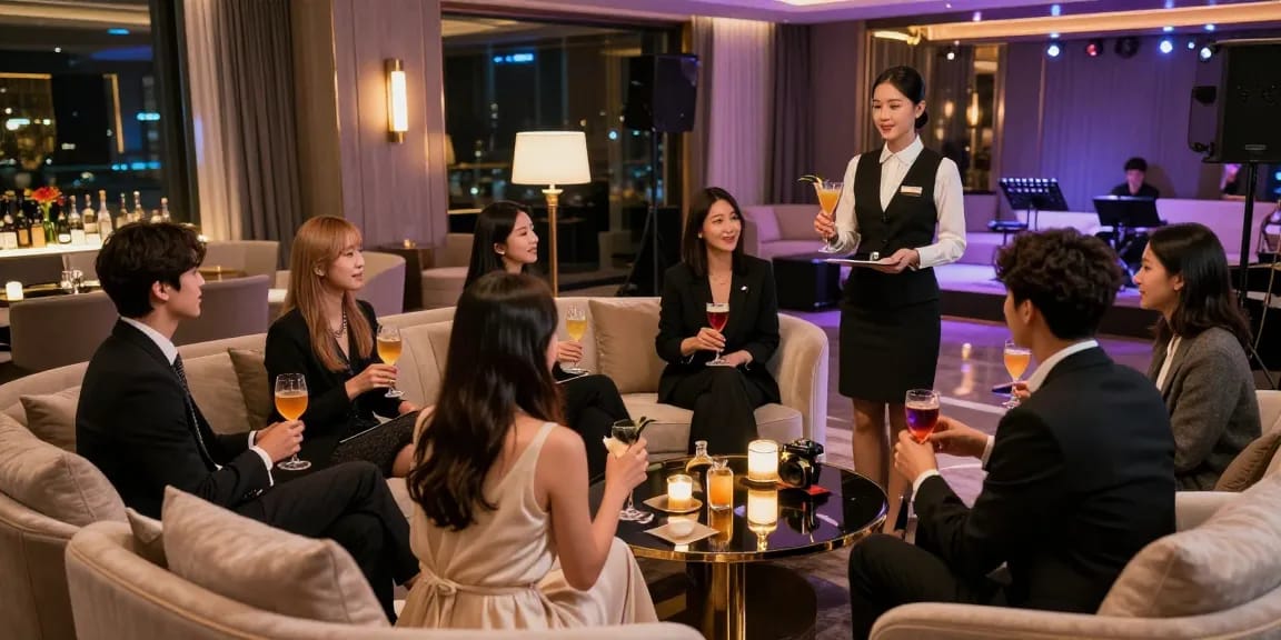 강남구구단 쩜오에서 고급스러운 프라이빗 룸에서 손님들을 맞이하는 장면