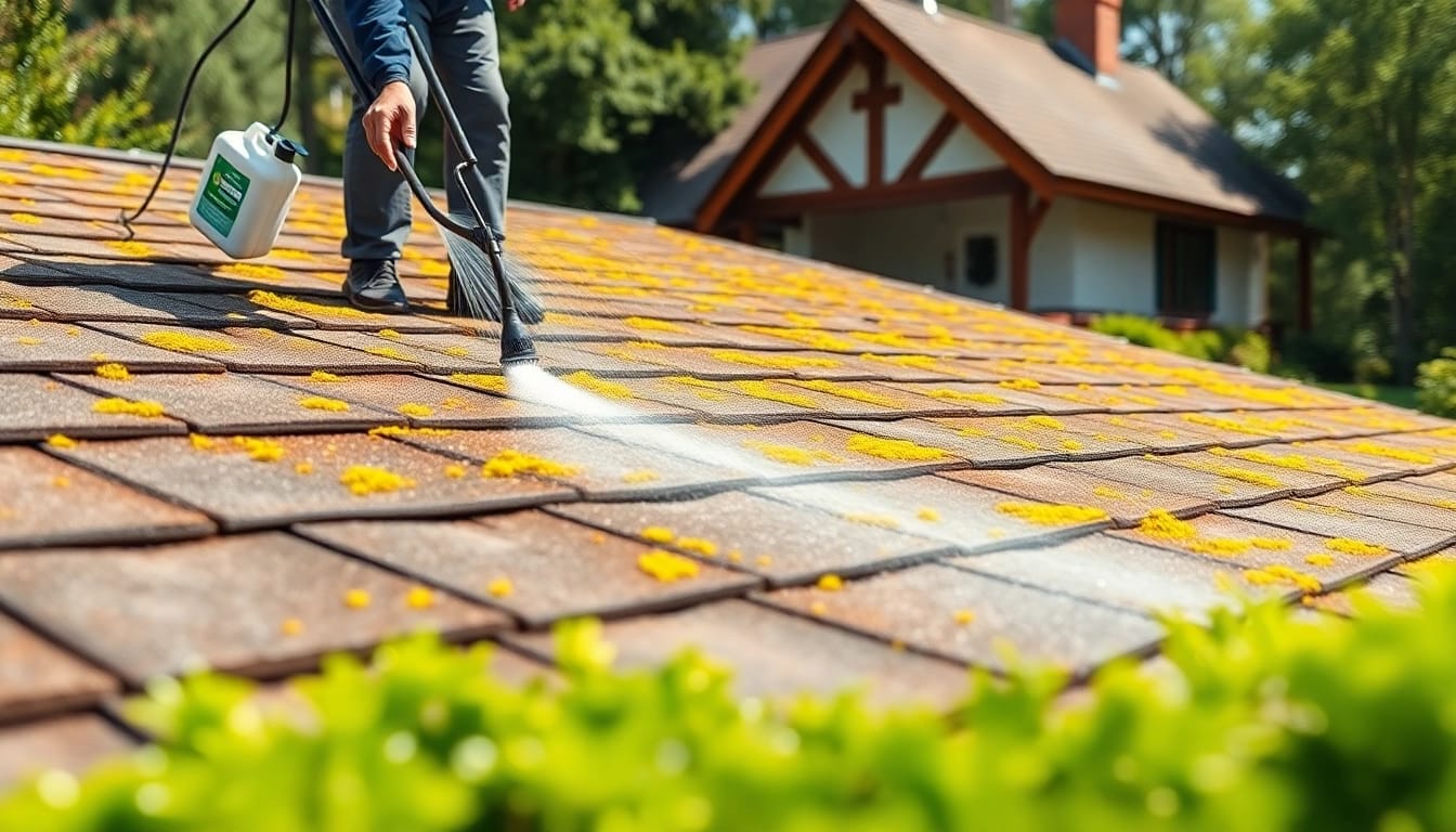 Roof Cleaning service showcasing a technician applying eco-friendly solution on a mossy roof.
