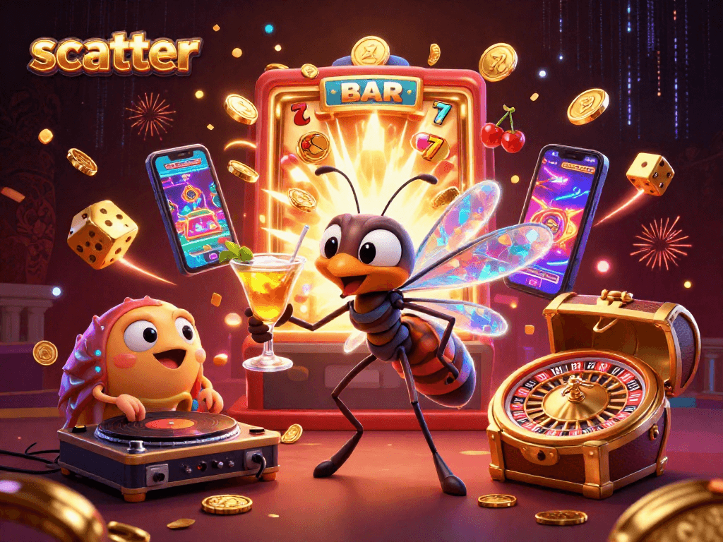 Experience scatter action in slots with a cartoon mosquito mascot celebrating wins surrounded by casino gems.