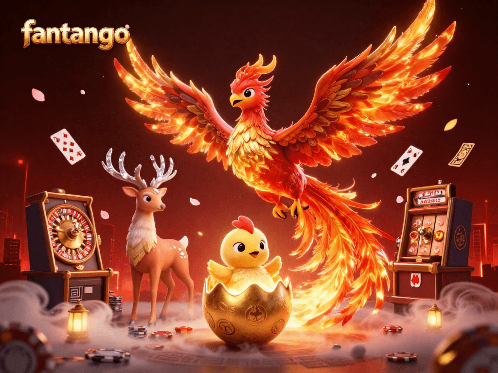 Engage with fantango's thrilling gameplay as a fire phoenix rises amidst a casino scene full of action.