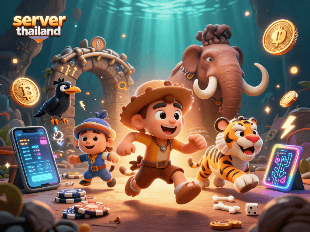 Experience the thrills at server thailand with a prehistoric casino themed illustration featuring animated characters and crypto elements.
