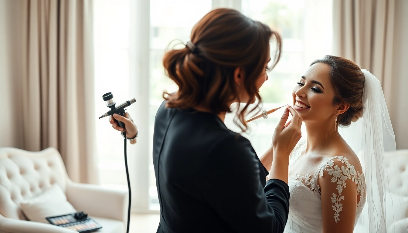 Expert airbrush makeup artist Dallas applying makeup to a bride in a bright studio.