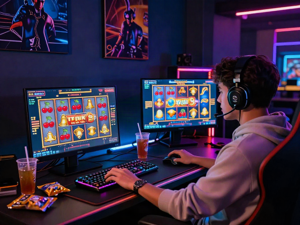 Exciting situs slot gaming moment with vibrant slot reels on laptop screen in cozy nook.