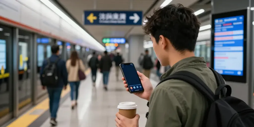 Scioperi treni update on a commuter's smartphone at a bustling subway station.
