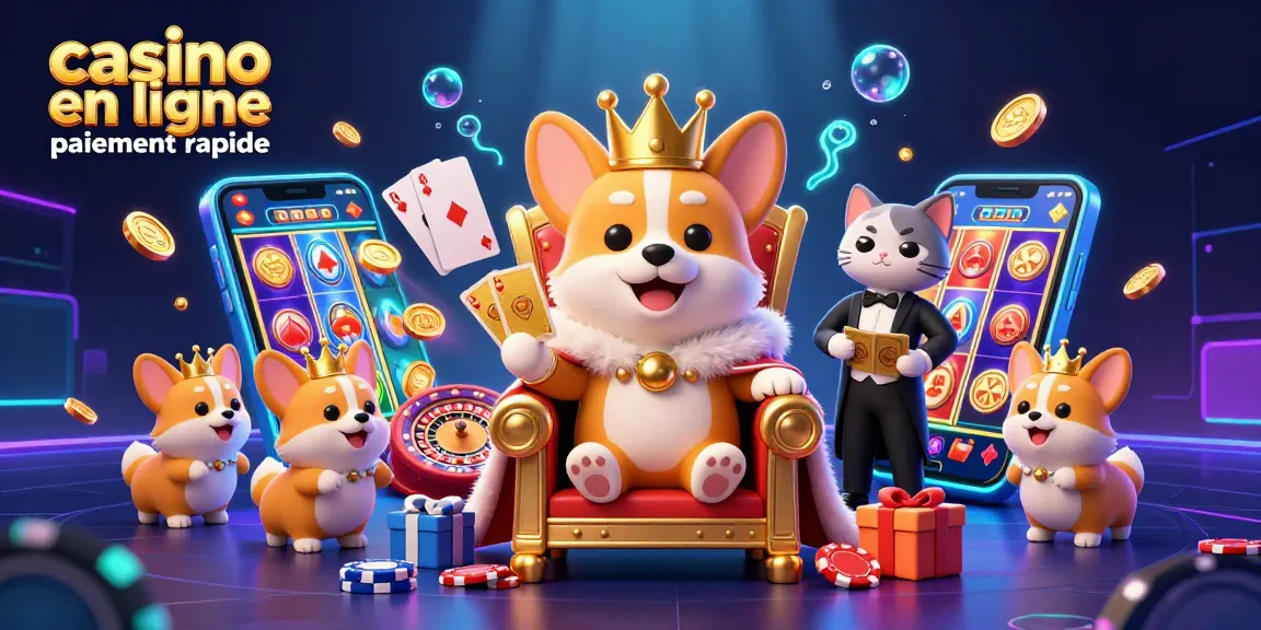 Visualisez un roi du casino en ligne paiement rapide entouré d'éléments de jeux animés et festifs.