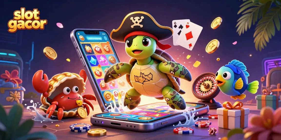 Engage with slot gacor excitement as a pirate turtle unveils treasure alongside vibrant gaming elements.