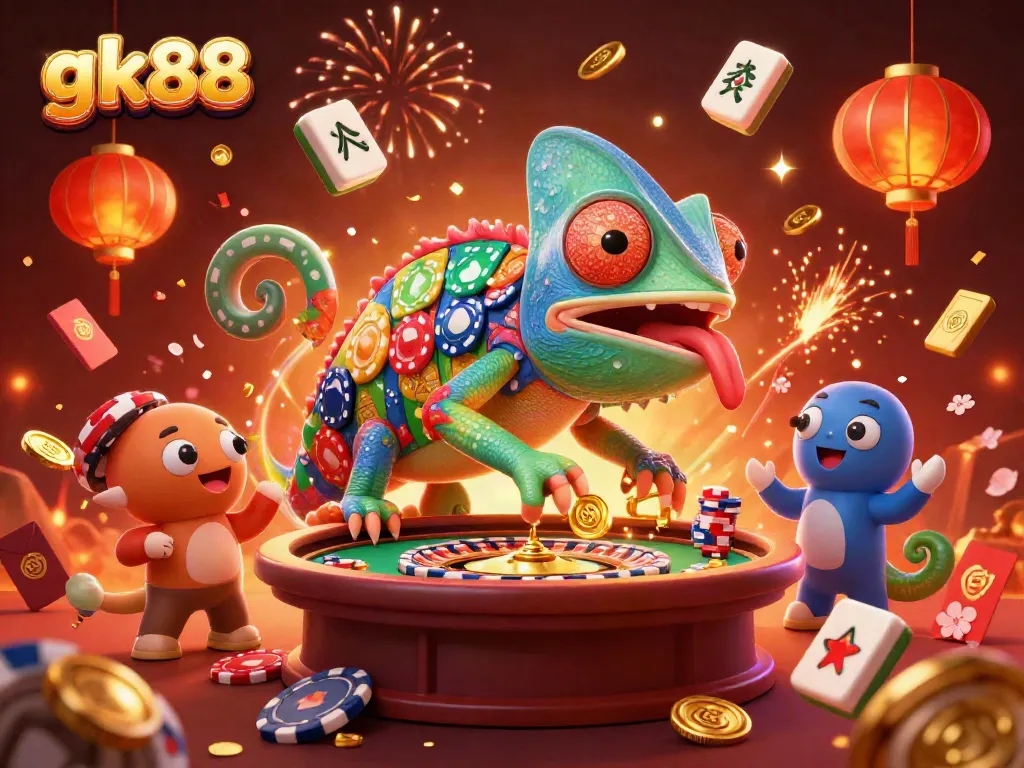 Experience the thrill of gk88 casino with colorful chameleon owner and vibrant game elements.