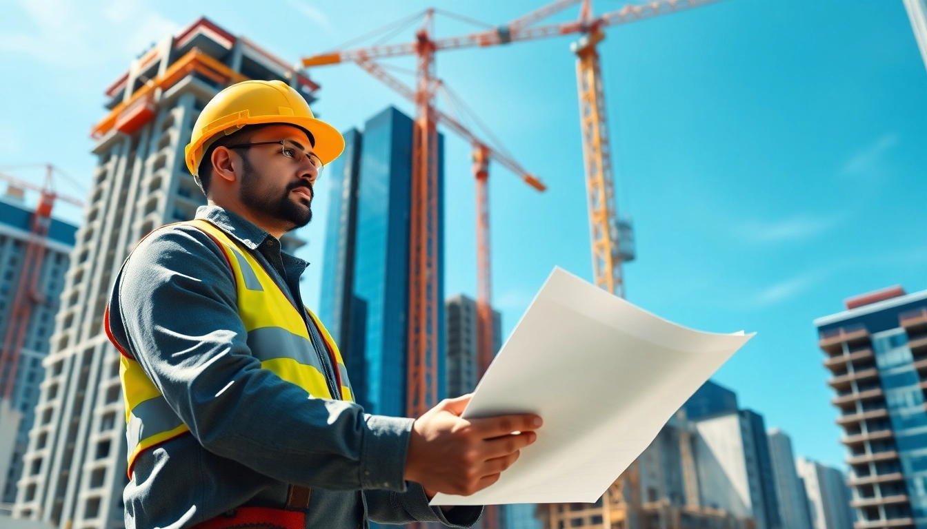 Manhattan General Contractor managing an urban construction site with cranes and blueprints.