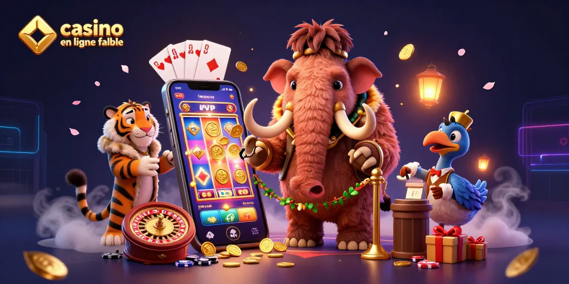 Vivez l'expérience d'un casino en ligne fiable avec un mammouth de sécurité, un tigre VIP et un oiseau dodo, entourés de jeux et de jetons.