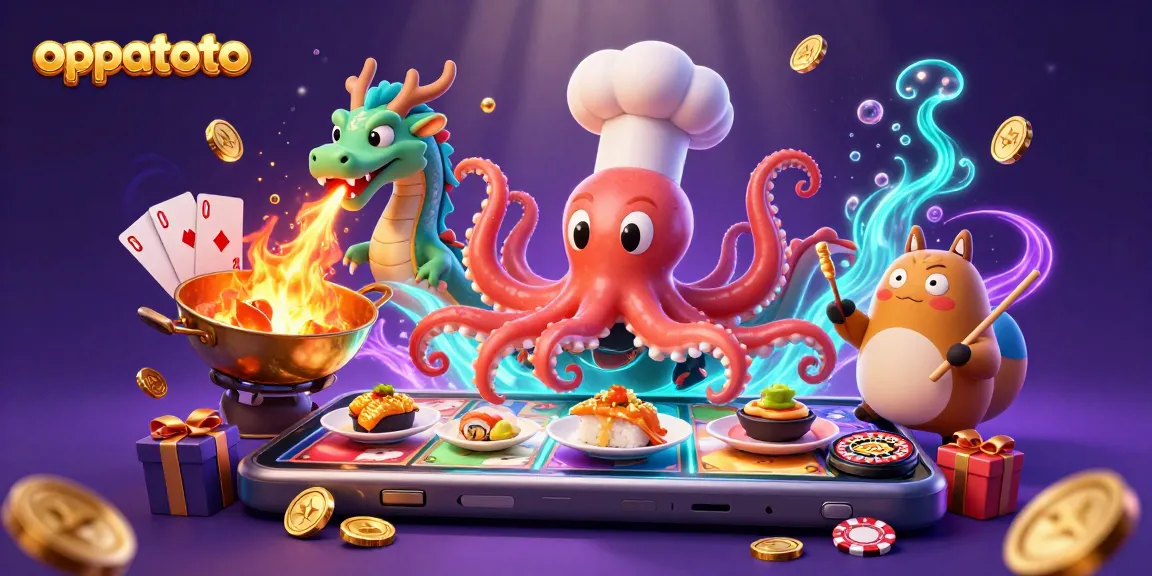 Explore oppatoto's vibrant slot adventure with a sushi chef octopus and a dragon in this thrilling 3D scene.