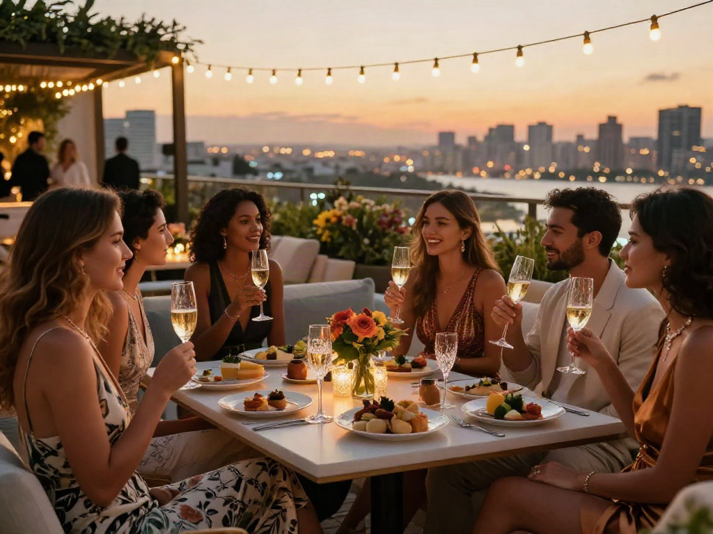 Suasana pesta mewah LUXURY111 di teras dengan latar belakang kota, menampilkan teman-teman berpakaian elegan, minum champagne, dan menikmati makanan gourmet.