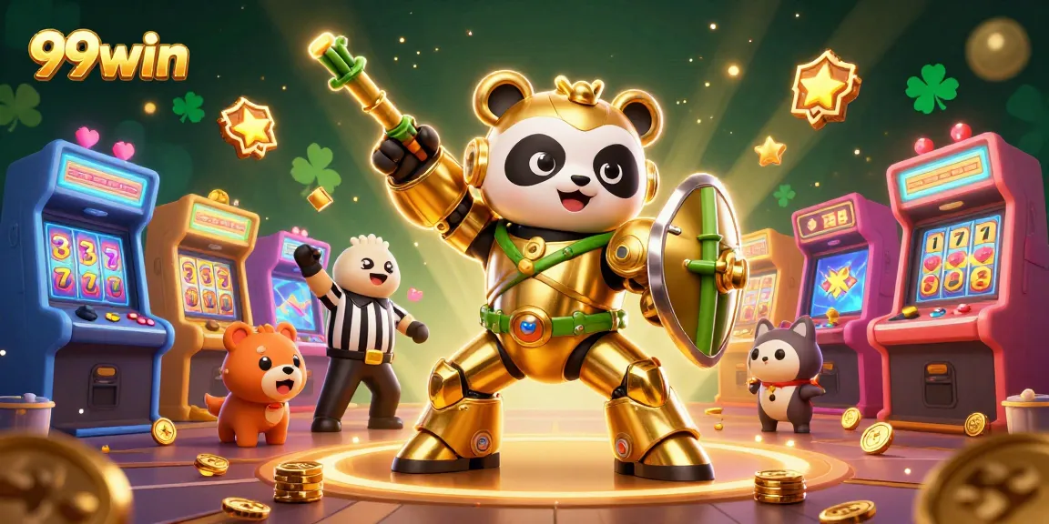 Experience the excitement of 99win, where a golden panda battles in a vibrant, casino-inspired arena filled with fun.
