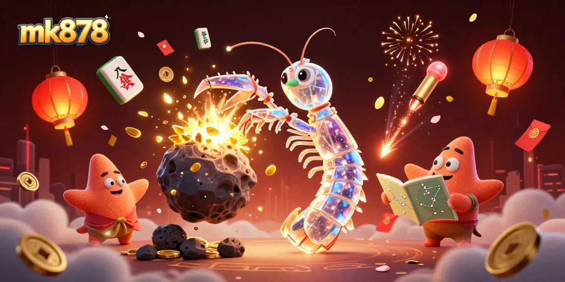Engage with mk878's exhilarating gaming world - dynamic 3D illustration showcasing vibrant casino elements and characters.