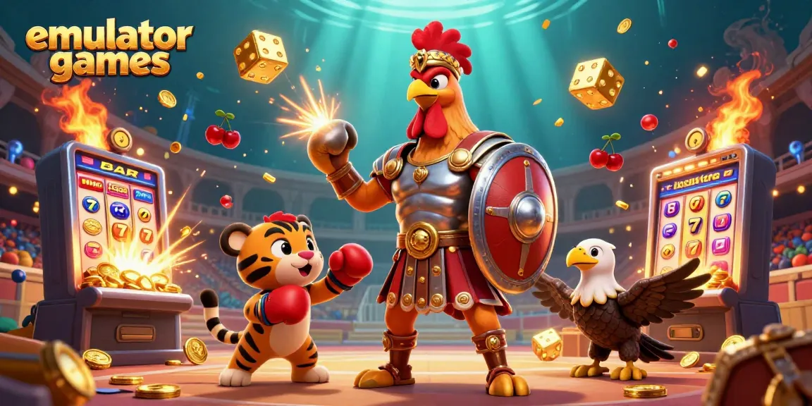 Engage with exciting emulator games as a gladiator rooster battles while coins and symbols explode from a slot machine.