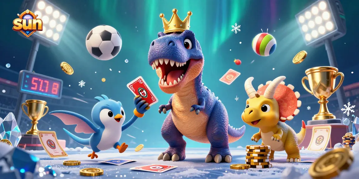 Experience thrilling sun casino fun with a jovial T-Rex shuffling cards and games.