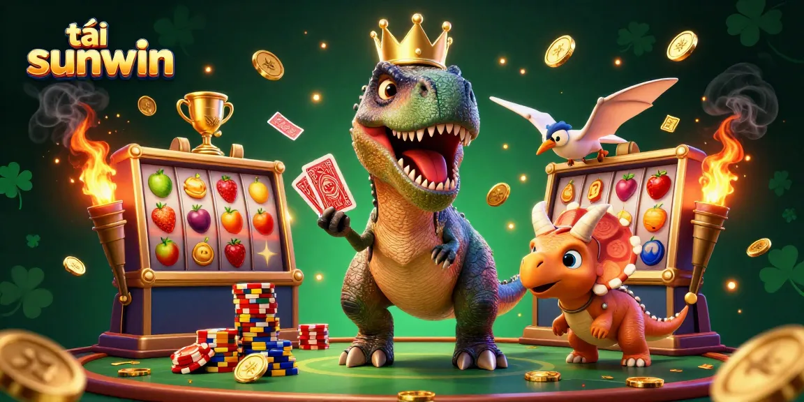 Engage in thrilling gameplay with tải sunwin, featuring a large cartoon T-Rex shuffling cards and friends stacking chips.