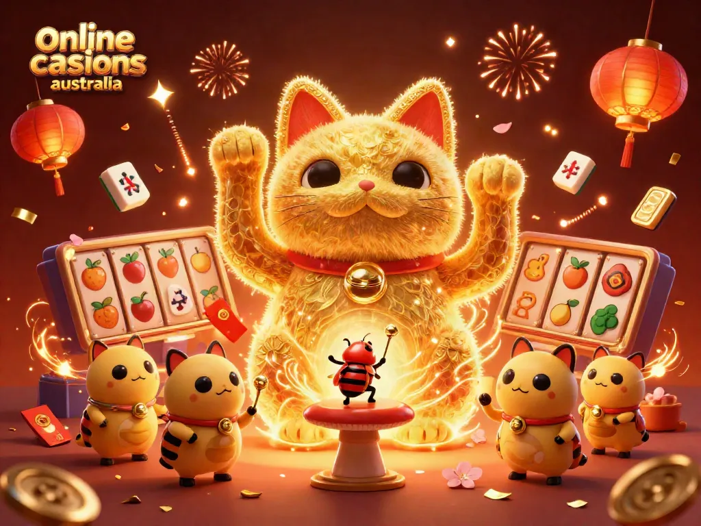Experience vibrant online casinos Australia through a lively 3D illustration of a lucky cat and fireflies.