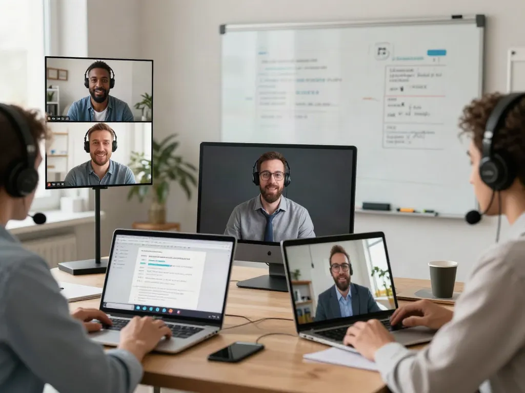 Deepfake protected Online Video Calls, Meetings and Conferencing with a diverse team engaged in a virtual meeting.