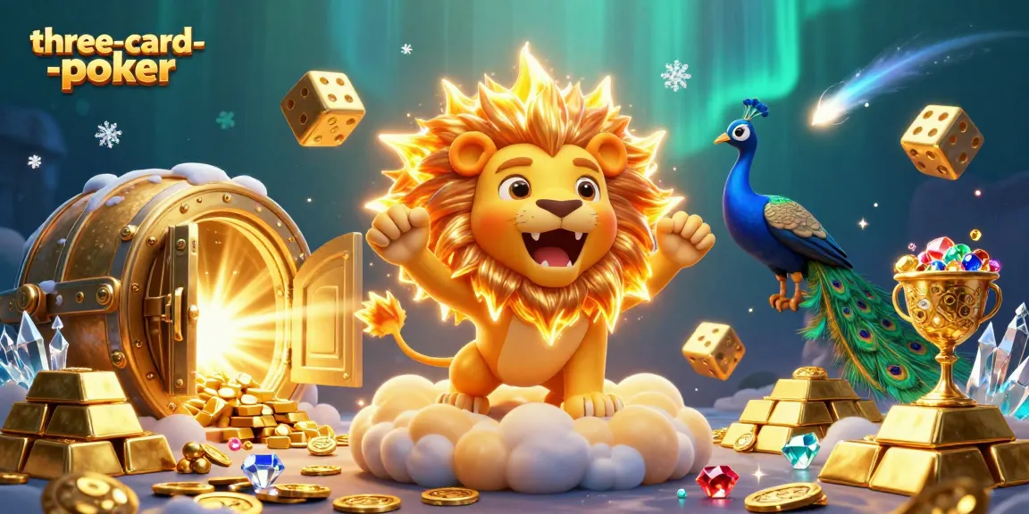 Experience the thrill of three-card-poker in this vibrant 3D illustration featuring a sun lion, golden dice, and sparkling gems.