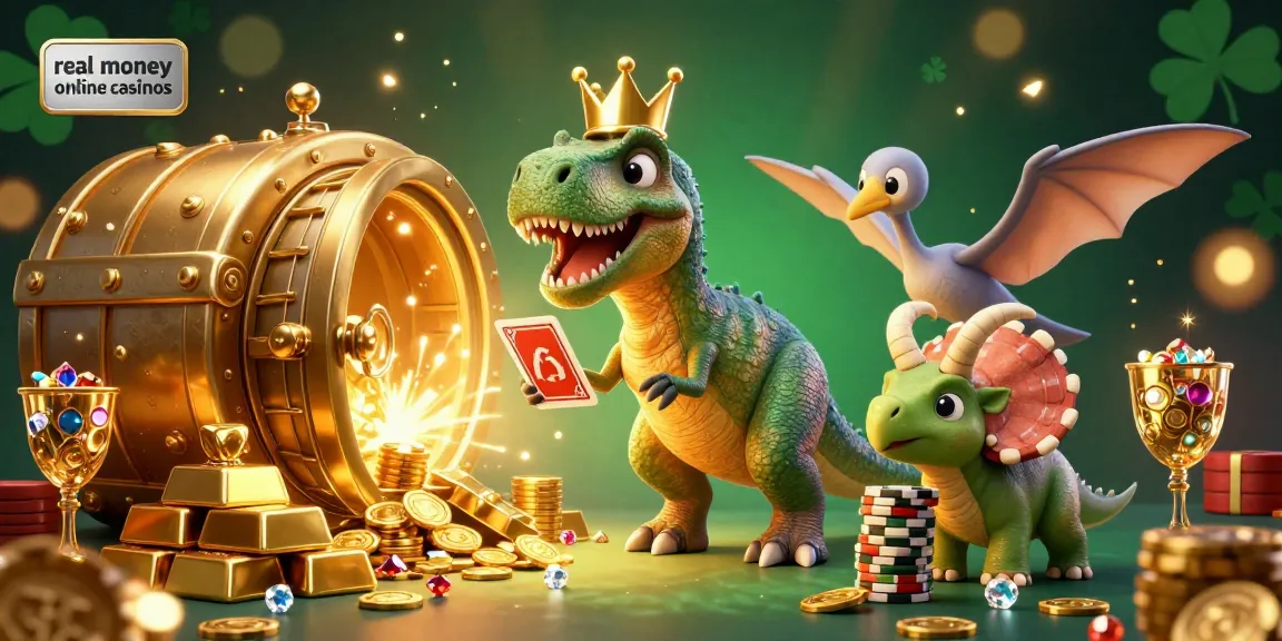 Experience vibrant action with a T-Rex, pterodactyl, and triceratops celebrating real money online casinos amidst dazzling riches.