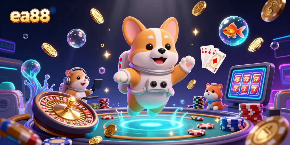 ea88 casino illustration, featuring a floating astronaut corgi and golden coins in a vibrant space setting